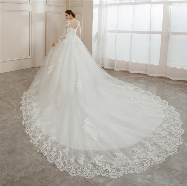 Lace Appliques Long Train Bridal Ball Gown