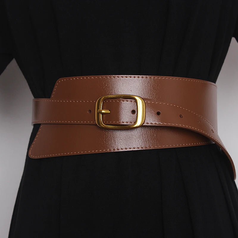 Brown leather corset belt with gold buckle and stitched edge, adjustable strap holes