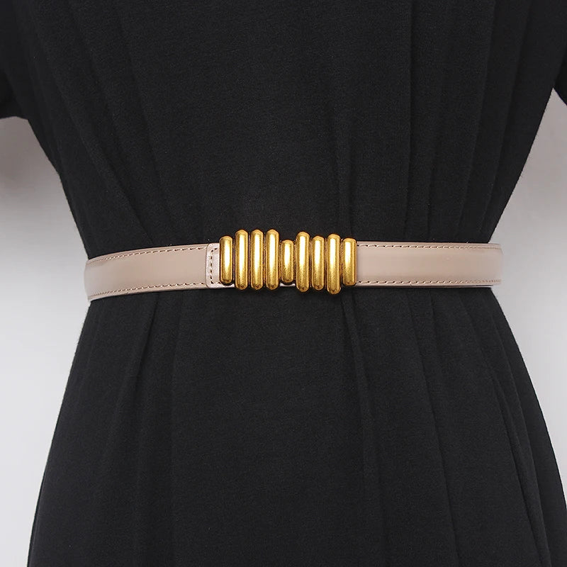 Women’s wide genuine leather belt, light beige leather strap with gold ribbed buckle