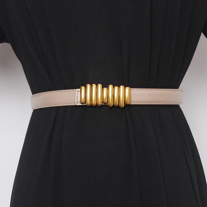 Women’s wide genuine leather belt, light beige leather strap with gold ribbed buckle