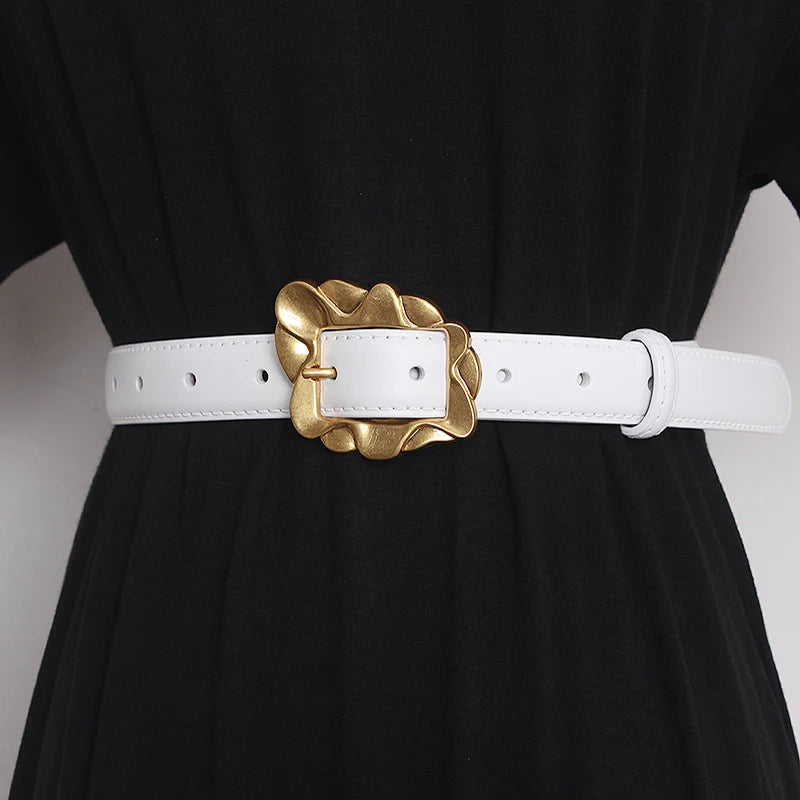White leather narrow waist belt with gold-tone floral square buckle and pin closure