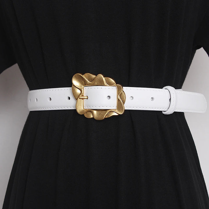 White leather narrow waist belt with gold-tone floral square buckle and pin closure