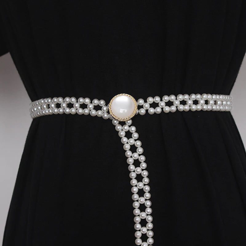 Pearl knitted waist belt with gold-tone round buckle and long pearl drop