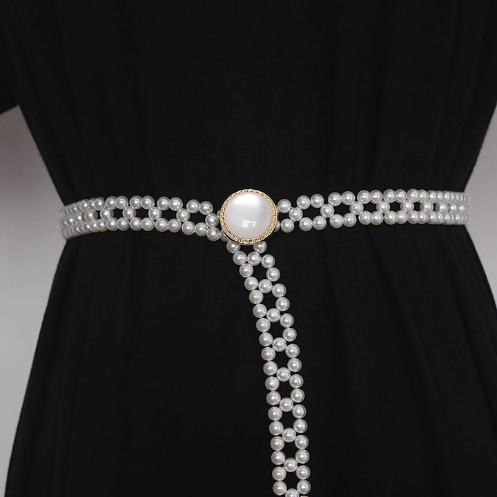 Pearl knitted waist belt with gold-tone round buckle and long pearl drop