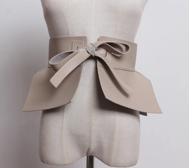 Wide PU leather waist belt, beige with bow knot and ribbon tails
