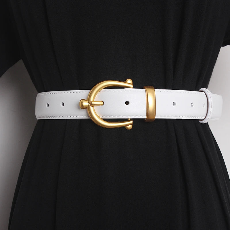 White leather waist belt with gold-tone buckle ring and punched adjustment holes
