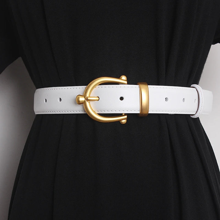 White leather waist belt with gold-tone buckle ring and punched adjustment holes