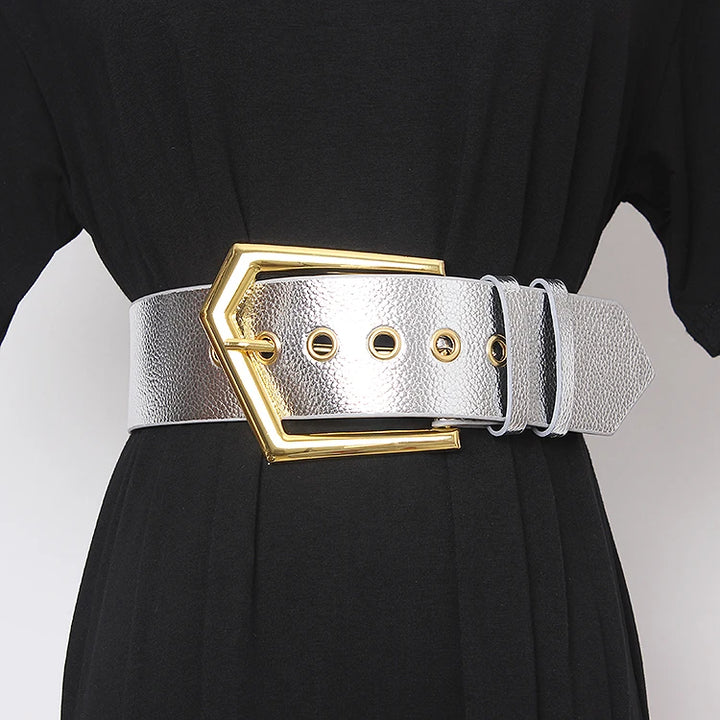 Silver wide PU leather waist belt with gold-tone buckle and round grommet eyelets