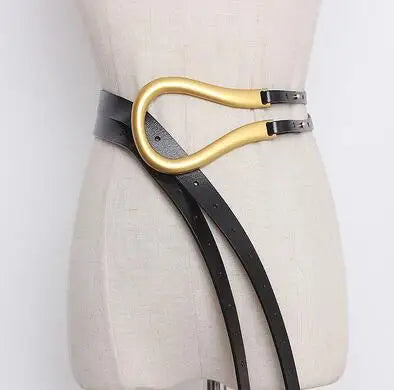 Wide genuine leather women’s belt with gold-tone heart-shaped buckle, black strap