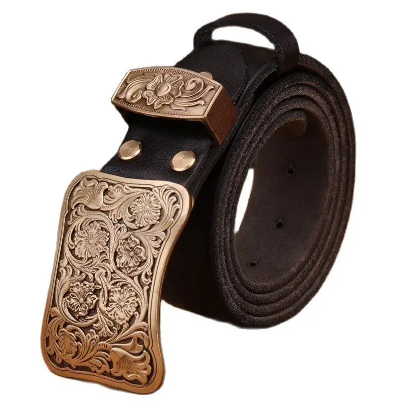 Luxury Brass Flower Buckle Leather Belt