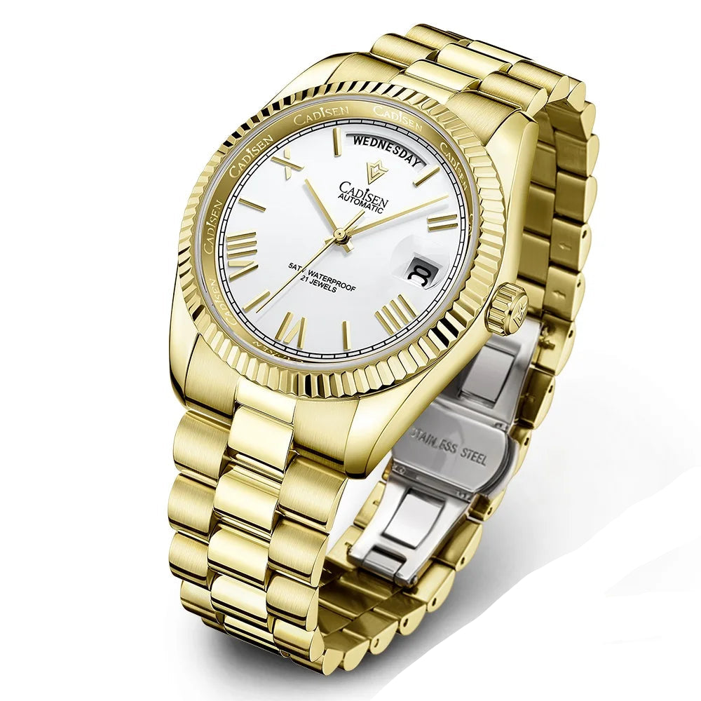 Gold-tone men’s automatic wrist watch with white dial and metal link bracelet