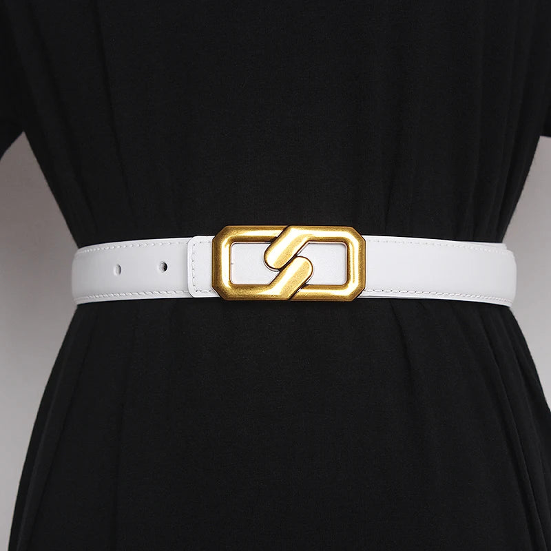 White genuine leather women’s belt with gold-tone buckle and punched holes