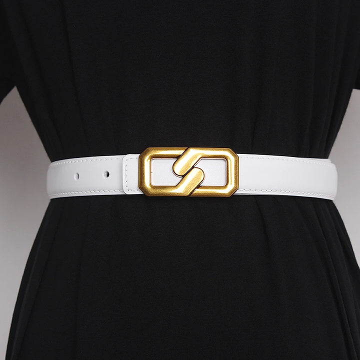 White genuine leather women’s belt with gold-tone buckle and punched holes