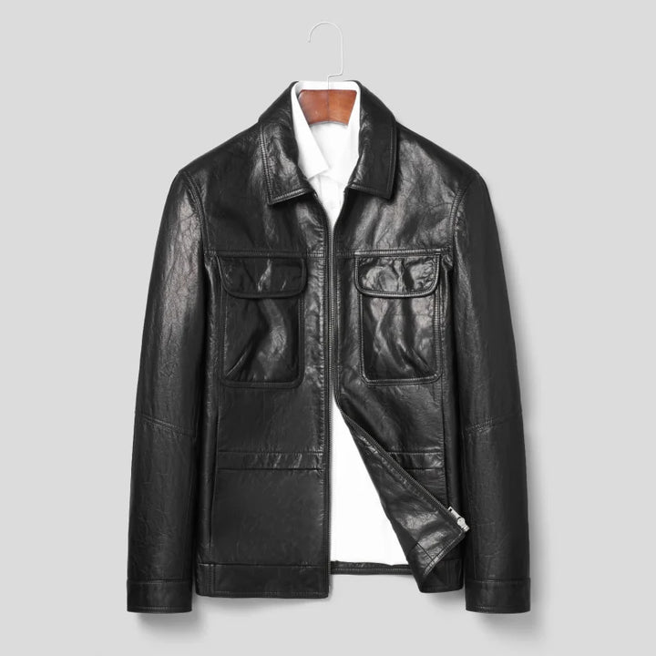 Real Black Leather Casual Pockets Jacket