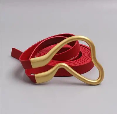 Women’s wide leather belt with gold oval buckle and red leather straps