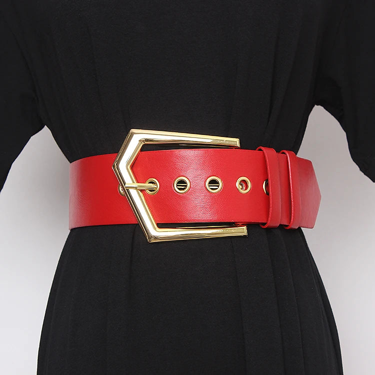 Red wide PU leather waist belt with gold buckle and round grommet eyelets