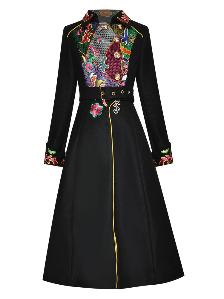 Single-breasted Woolen Embroidery Overcoat