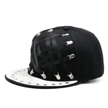 Black flat brim cap with black grid straps and silver studded brim panel