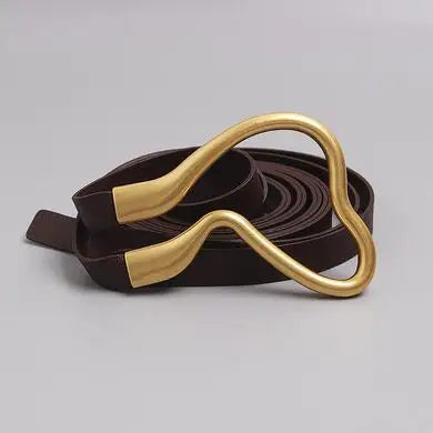 Women’s wide leather belt with gold oval buckle, dark brown belt loops and straps