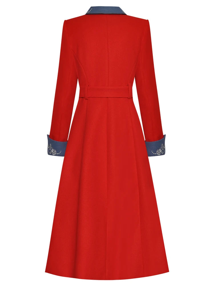 Chic Embroidery Belted Wool Coat