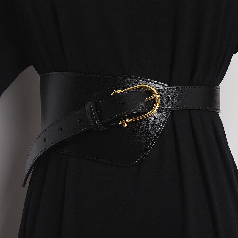 Black leather wide waist belt with gold oval buckle and stitched eyelet holes