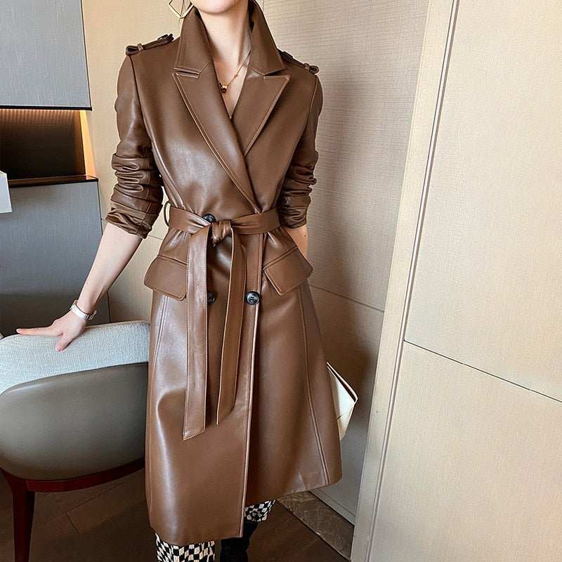 Long Sleeve Genuine Leather Women's Trench Coats | All For Me Today