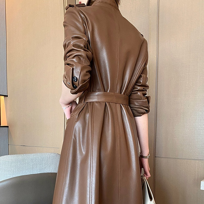 Long Sleeve Genuine Leather Women's Trench Coats | All For Me Today