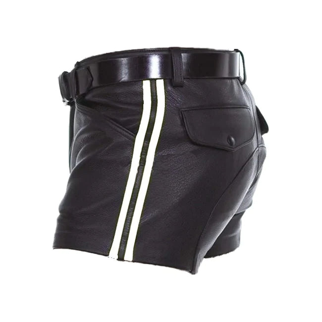 Men's Black Leather Shorts With Stripes | All For Me Today