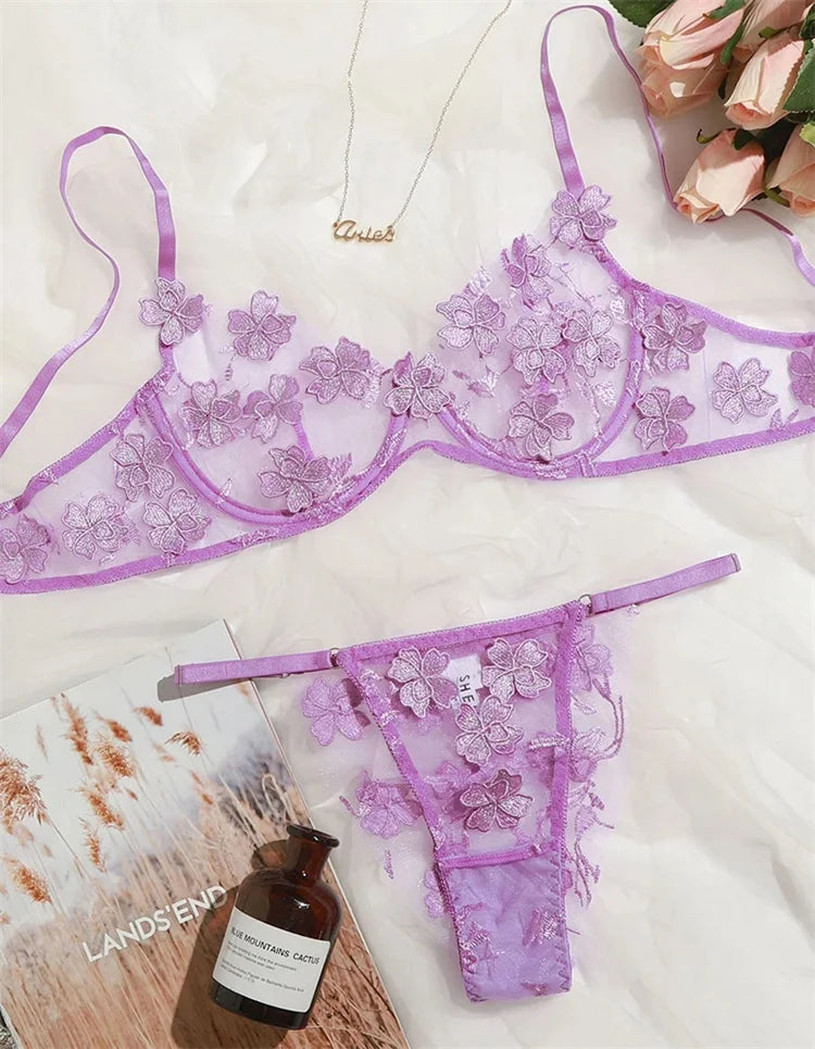 Mesh Embroidered Temptation Perspective Bra Set | All For Me Today