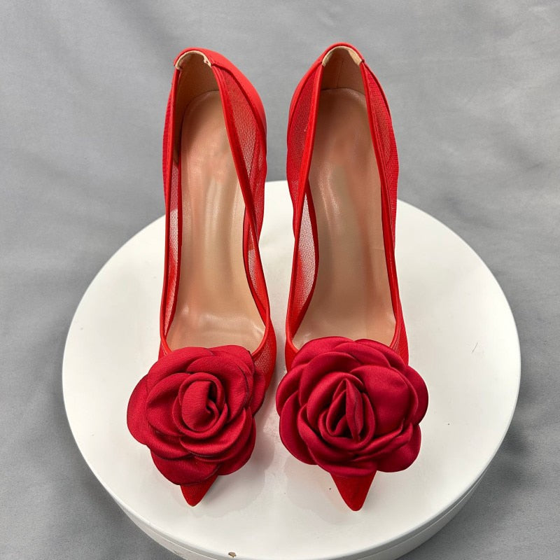 Red Flower Mesh Women High Heel Stiletto Pumps | All For Me Today