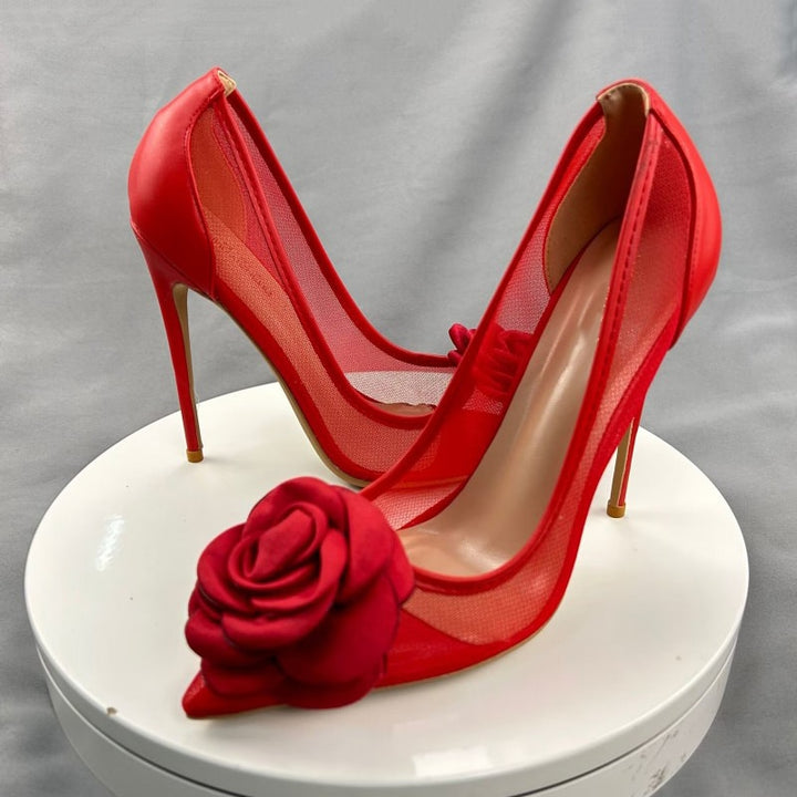 Red Flower Mesh Women High Heel Stiletto Pumps | All For Me Today