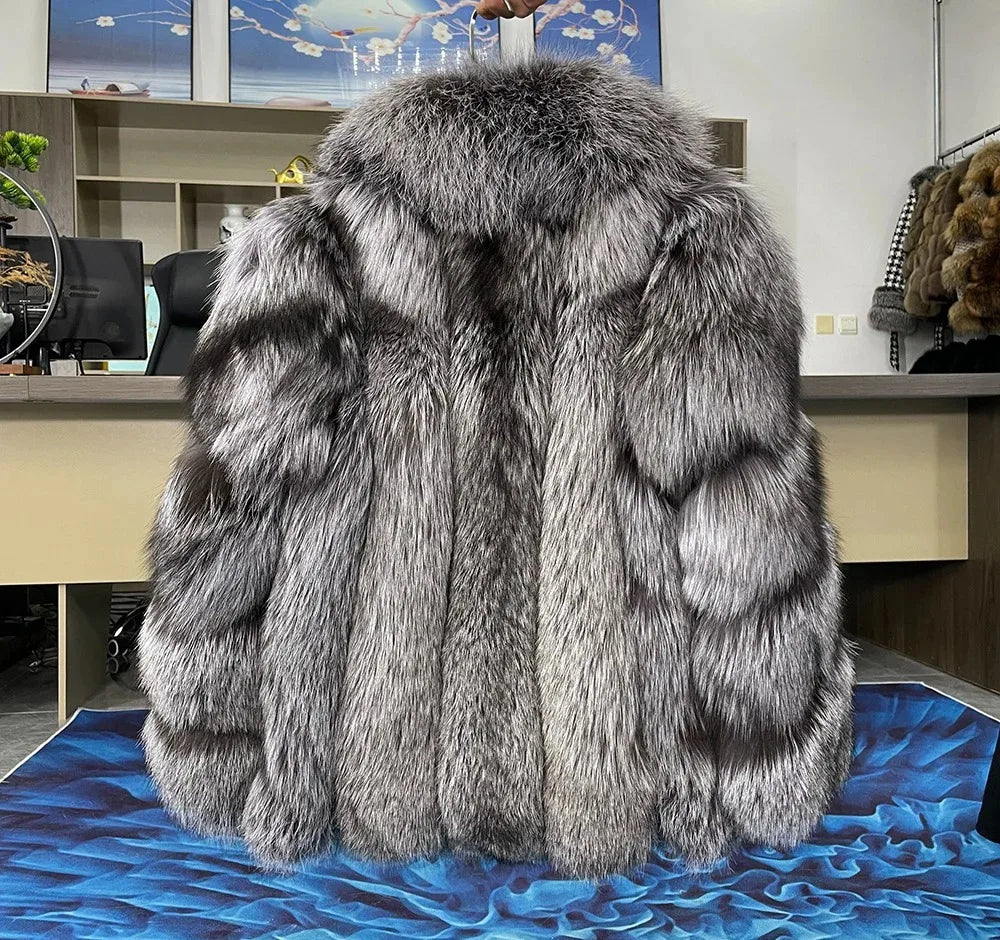 Grey mid-length real fox fur coat front view with full fur panels