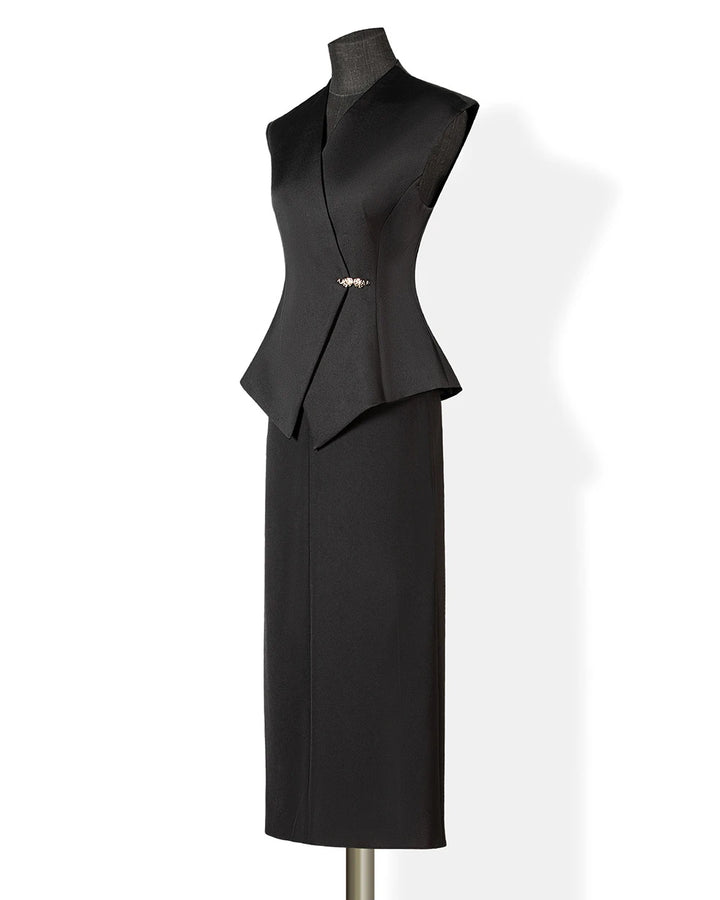 Black womens side view peplum vest and mid-calf skirt set with asymmetrical overlay