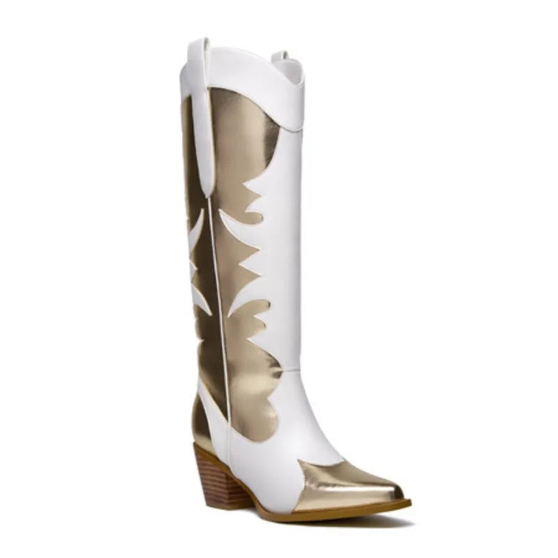 White knee-high boots with pointed toe, gold toe caps, scalloped floral cutouts, block heel