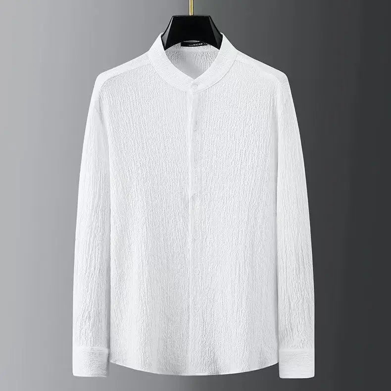 White men’s button-up shirt with stand collar and long sleeves