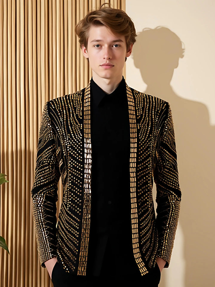 Yellow-gold rhinestone men’s blazer with black lapels, front view on model