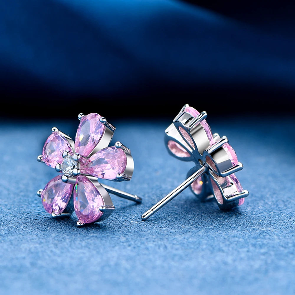 Pink flower stud earrings with six teardrop stones and post-back pin, silver-tone