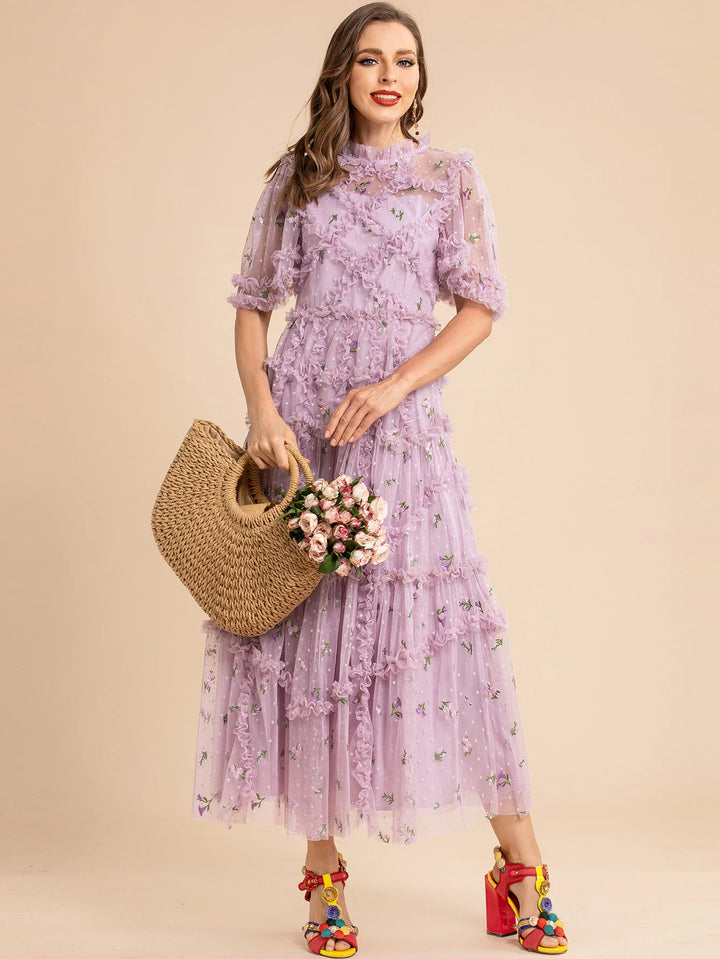 3D Flower Embroidery Women's Long Dress