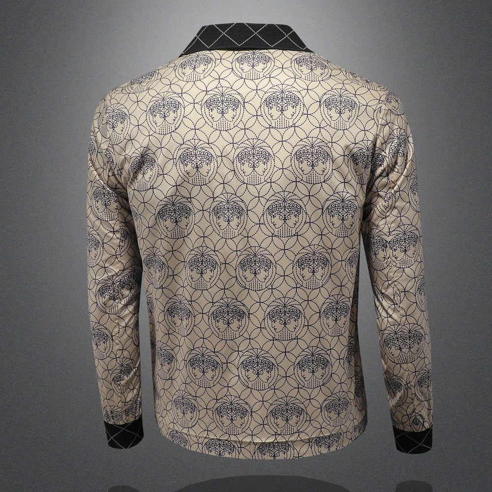 Men's printed lapel jacket with full back geometric pattern and black ribbed cuffs