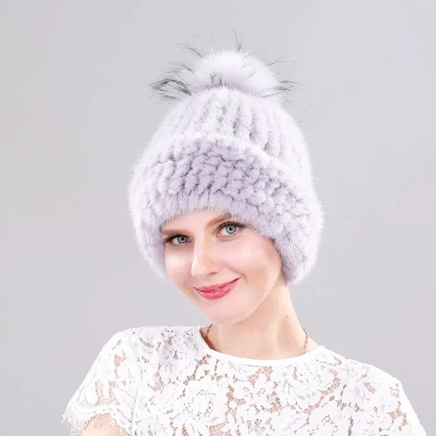 Luxury Fur Pompom Knitted Beanie Cap