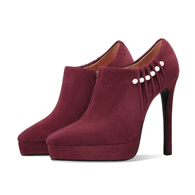 Women’s burgundy suede heel pumps with pleated collar and bead-like lace detail