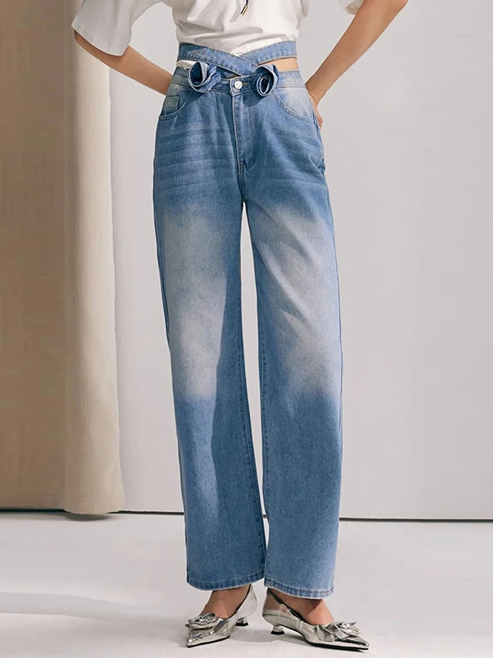 High Waist Appliques Denim Trousers