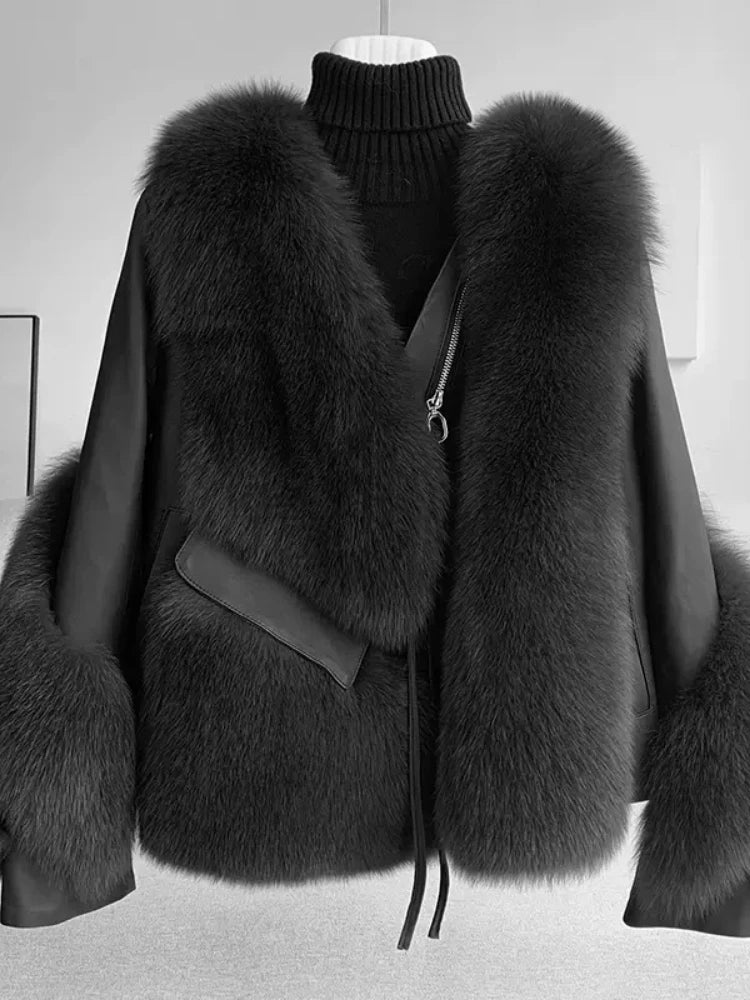 Women’s thick warm real fur coat in black with fur paneling and zip front closure