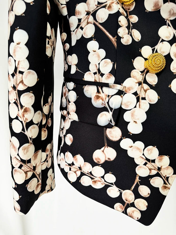 Black blazer jacket front waist with gold button and cream oval chain print