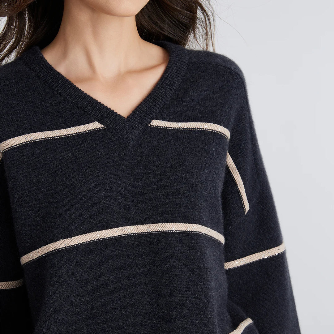 Comfortable Striped Cashmere Knit Sweater