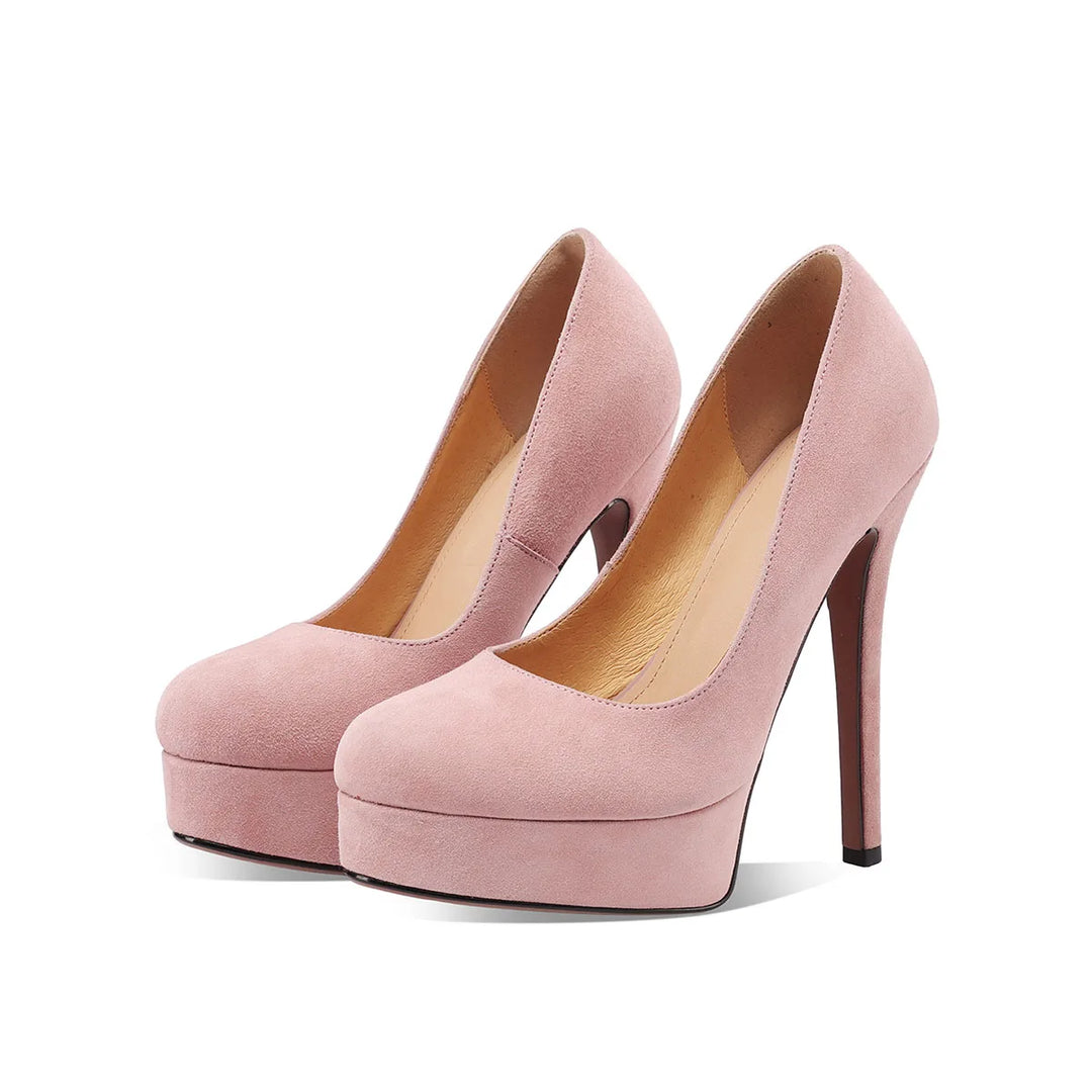 Bare pink suede round-toe platform heel pumps, front angled view