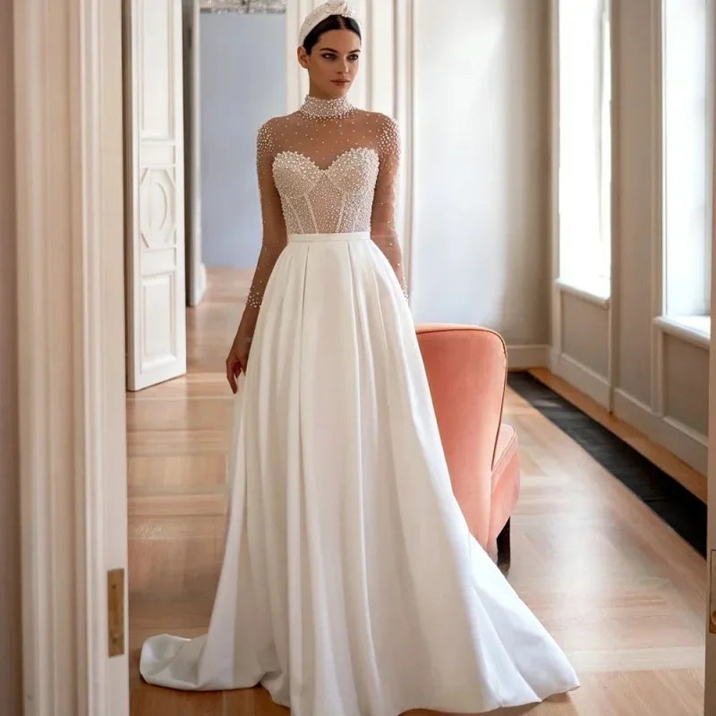 Luxurious Pearls High Collar Bridal Gown