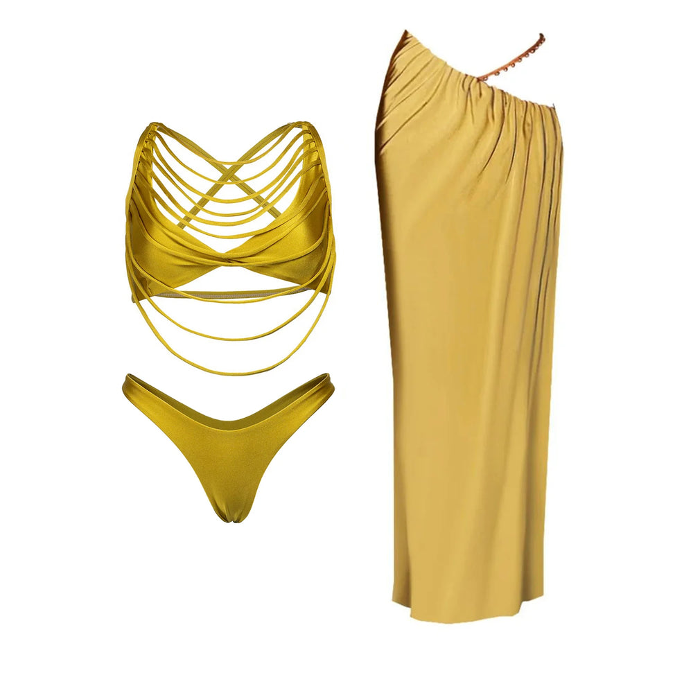 Golden crochet bikini top, high-cut bottom, and long cover-up pants (3-piece set).