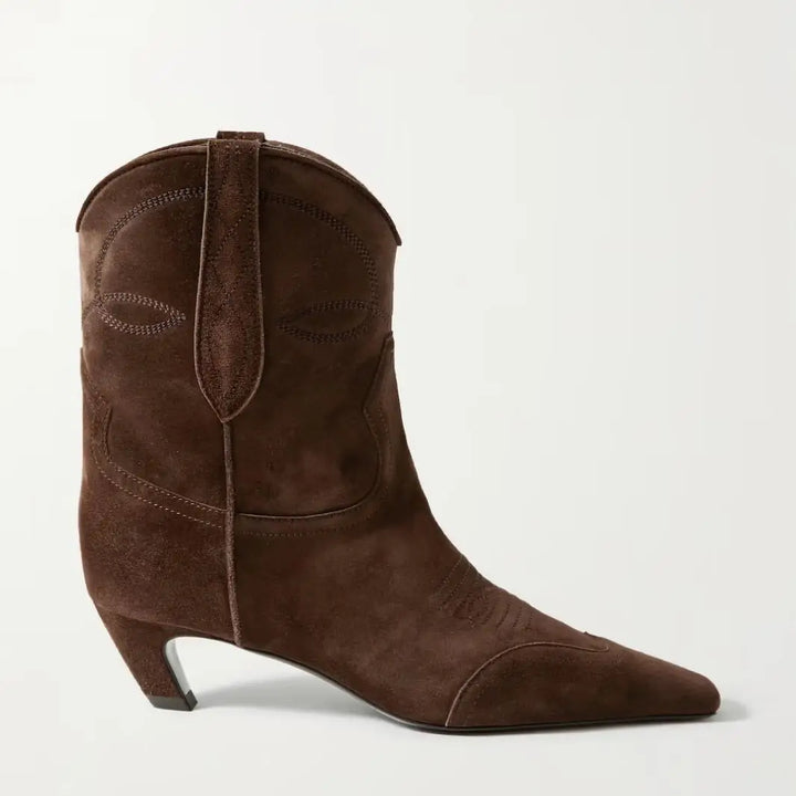 Dark brown faux suede cowboy boot with embroidered stitching and low heel