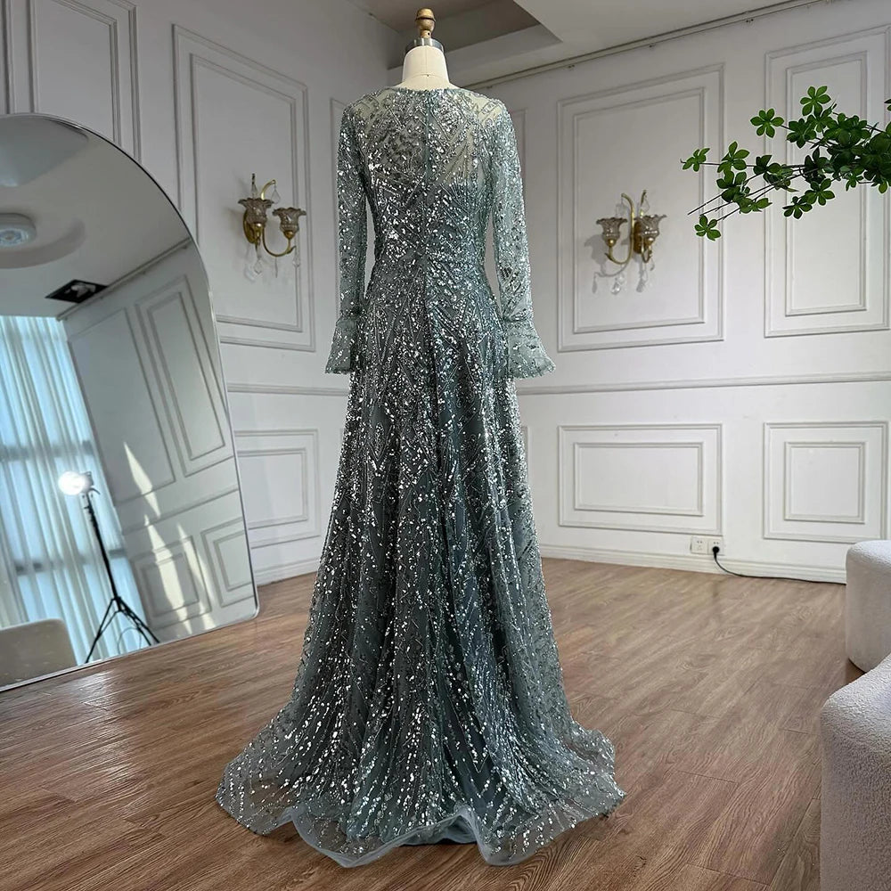 Gorgeous Beaded Puffy Sleeve Arabic Evening Gown